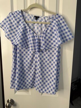 Ann Taylor Blue and White Gingham Ruffle Neck Blouse